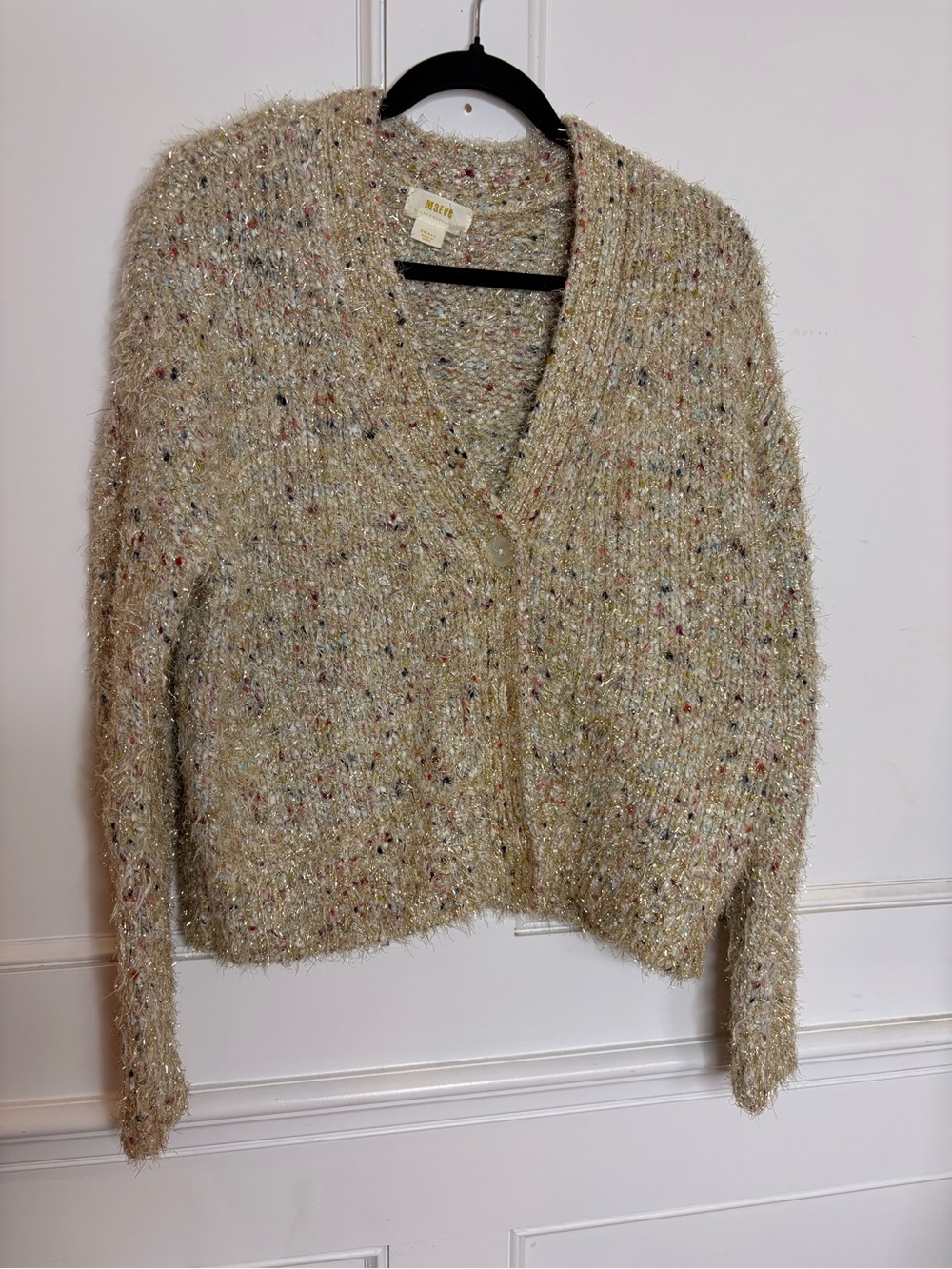Maeve Cream knit w colorful and gold V-Neck Fuzzy Cardigan Sweater Size SP